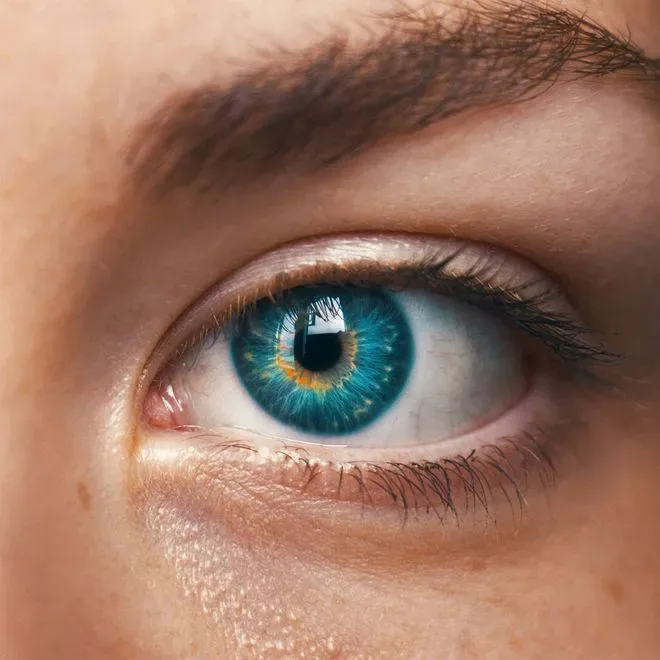Un œil bleu-vert grand ouvert — le regard que l’on guide en séance