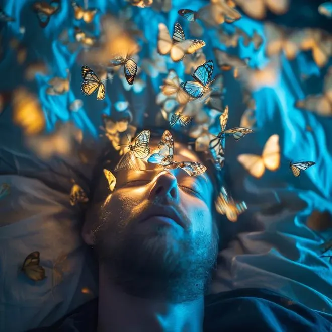 Un visage endormi sous une nuée de papillons dorés