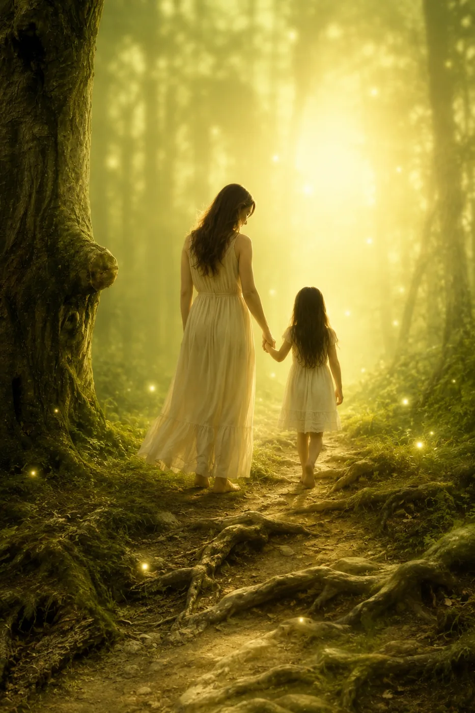 Une femme et une enfant marchent main dans la main sur un chemin de forêt, entre les racines