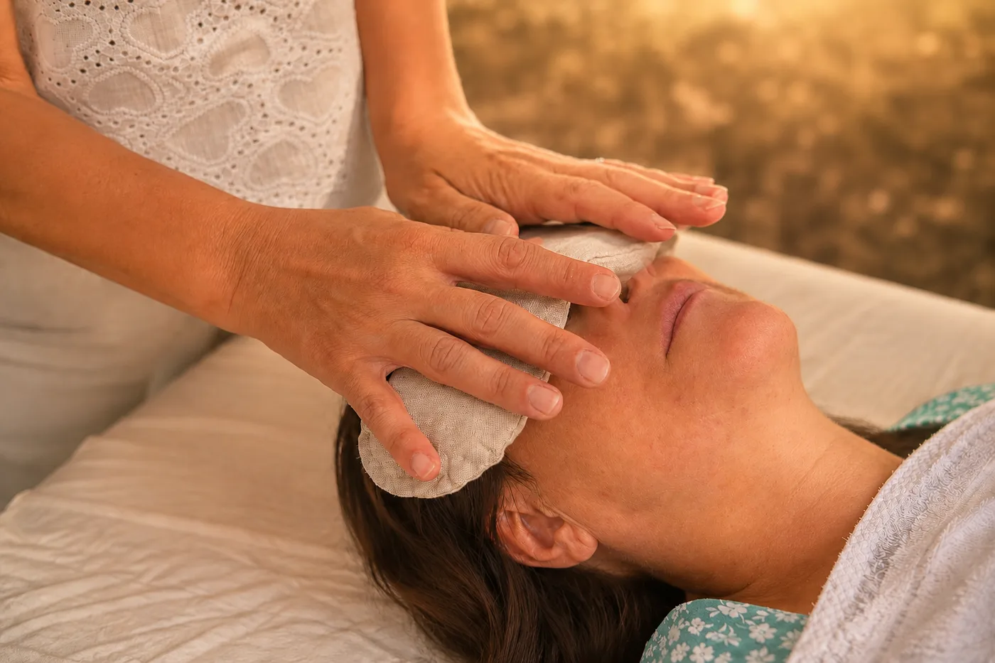 Les mains posées sur le front, pendant un soin Reiki